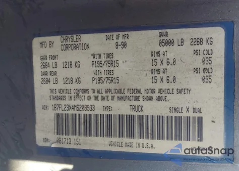 1991 Dodge Dakota z USA, uszkodzony, nr VIN 1B7FL23X4MS208933